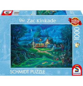 Schmidt Puzzle, 1000 Teile: Bunte Waldhütte bei Nacht, Motiv von Zac Kinkade.