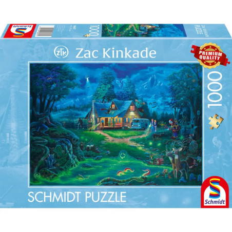 Schmidt Puzzle, 1000 Teile: Bunte Waldhütte bei Nacht, Motiv von Zac Kinkade.