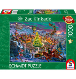 Festlicher Marktplatz mit großem Weihnachtsbaum, Heißluftballon und Santa Puzzle mit 1000 Teilen.