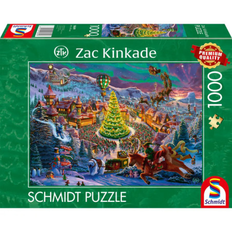 Festlicher Marktplatz mit großem Weihnachtsbaum, Heißluftballon und Santa Puzzle mit 1000 Teilen.