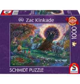Schmidt Puzzle, 1000 Teile: Bunte Fantasielandschaft mit Tieren und großem Baum auf der Verpackung.