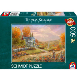 Schmidt Puzzle mit 500 Teilen, Motiv: Herbstliches Cottage von Thomas Kinkade auf dem Karton.