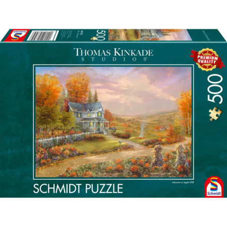 Schmidt Puzzle mit 500 Teilen, Motiv: Herbstliches Cottage von Thomas Kinkade auf dem Karton.