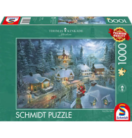 Schmidt Puzzle mit 1000 Teilen: Verschneites Dorf, Weihnachtsmann und Weihnachtsdeko.
