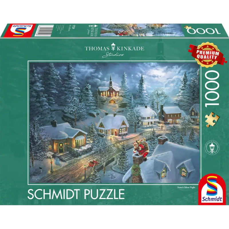 Schmidt Puzzle mit 1000 Teilen: Verschneites Dorf, Weihnachtsmann und Weihnachtsdeko.