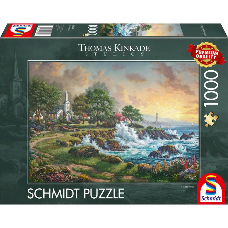Schmidt Puzzle mit 1000 Teilen, Motiv: Thomas Kinkade Gemälde mit Kirche und Leuchtturm an der Küste.