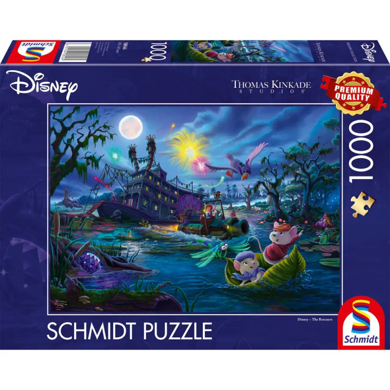 Disney Schmidt Puzzle mit Motiv aus Bernard & Bianca: Figuren im Sumpf und gruseligem Flussboot.