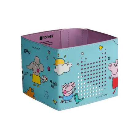 Hellblaue Toniebox-Hülle mit Peppa-Pig-Figuren und verspielten Illustrationen an den Seiten.