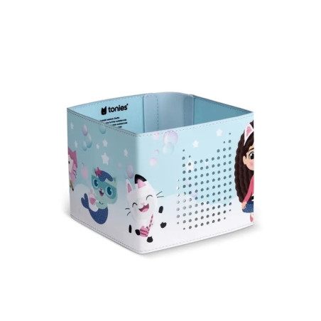 Hellblaue Toniebox-Hülle mit Comic-Katzen, Blasen und einem Mädchen mit Katzenohren an der Seite.