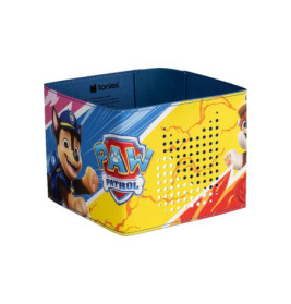 Bunte Paw Patrol-Aufbewahrungsbox mit Figuren und Logo, kindgerecht gestaltet.