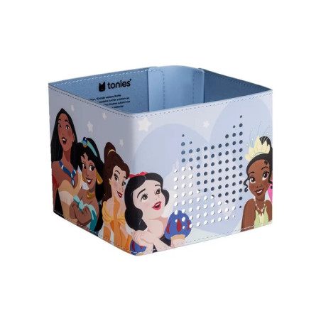 Blaue, quadratische Tonies-Box mit den Disney-Prinzessinnen Schneewittchen, Jasmin, Belle, Arielle und Tiana.