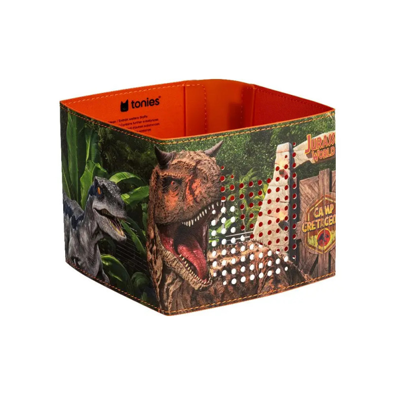 Quadratische Tonies Hülle Jurassic World für Toniebox 2 mit Dinosaurier-Design und orangem Innenfutter.