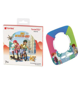 Toniebox Spielset mit buntem Spielfeld, Box zeigt zwei Kinder auf Fahrzeugen in der Stadt. Für Kinder ab 7 Jahren.