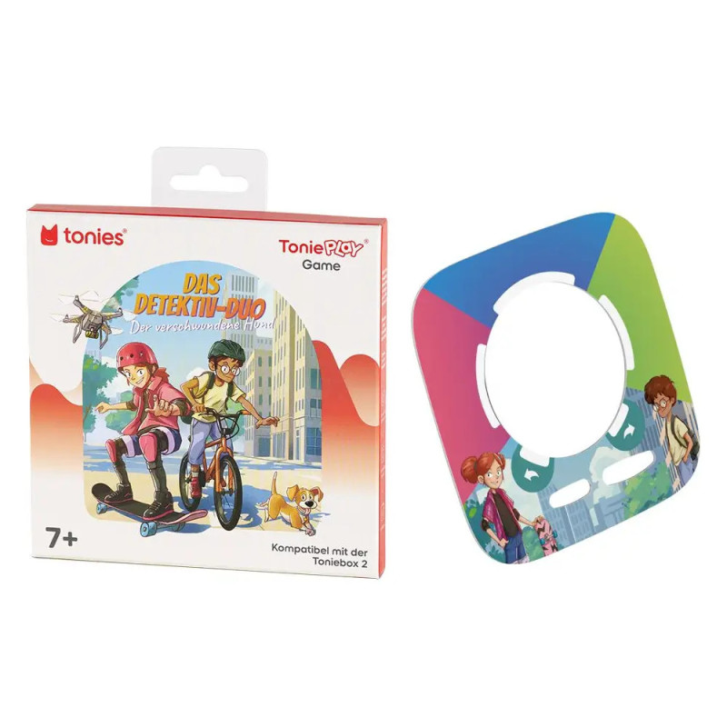 Toniebox Spielset mit buntem Spielfeld, Box zeigt zwei Kinder auf Fahrzeugen in der Stadt. Für Kinder ab 7 Jahren.