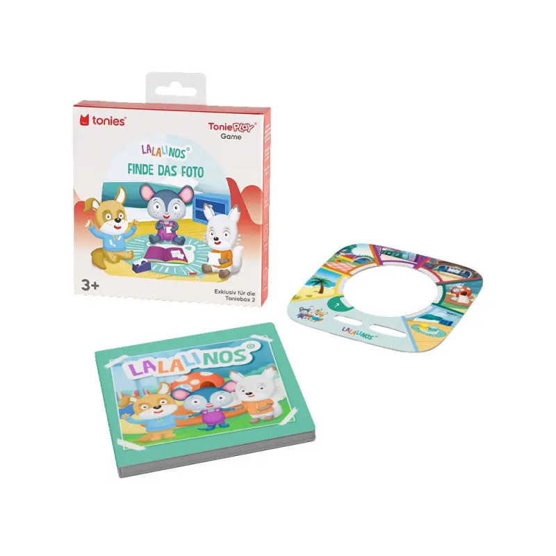 Kartenspiel Lalalinos Finde das Foto mit Karten, Drehscheibe und illustrierten Tieren.