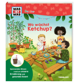 Drei Kinder picknicken draußen bei Sonne mit Ketchup, Tomaten und Saft.