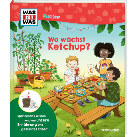 Drei Kinder picknicken draußen bei Sonne mit Ketchup, Tomaten und Saft.