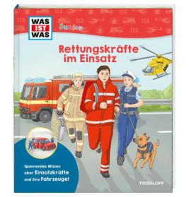 Illustration von Feuerwehr, Sanitäter, Polizist und Hund mit Feuerwehrauto und Hubschrauber.