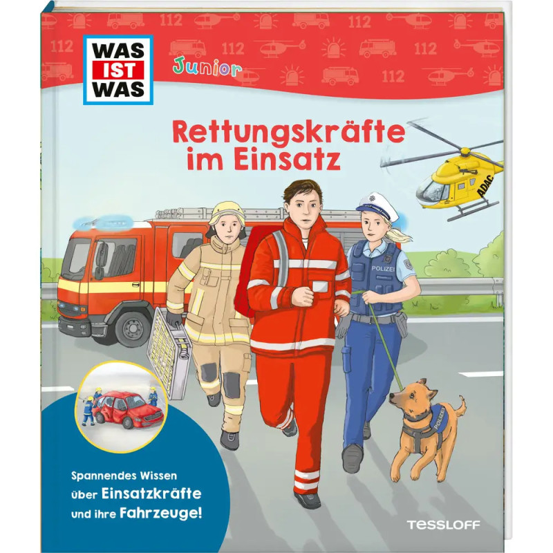 Illustration von Feuerwehr, Sanitäter, Polizist und Hund mit Feuerwehrauto und Hubschrauber.