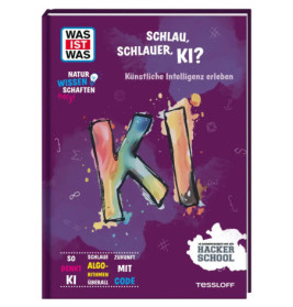 Buchcover mit bunten KI-Buchstaben, lila Hintergrund und deutschem Text zu KI für Kinder.