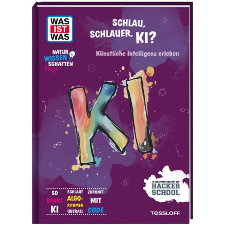 Buchcover mit bunten KI-Buchstaben, lila Hintergrund und deutschem Text zu KI für Kinder.