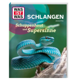 Buchcover mit blauer Schlange auf Ast und deutschem Text über Schlangen und deren Sinne.