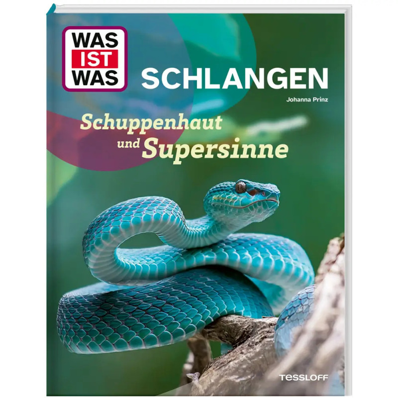 Buchcover mit blauer Schlange auf Ast und deutschem Text über Schlangen und deren Sinne.