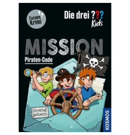 Drei animierte Kinder im Boot mit Fernrohr, Piratenflagge und Die drei ? Kids Mission Piraten-Code Text.