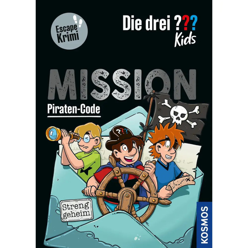 Drei animierte Kinder im Boot mit Fernrohr, Piratenflagge und Die drei ? Kids Mission Piraten-Code Text. Drei animierte Kinder im Boot mit Fernrohr, Piratenflagge und Die drei ? Kids Mission Piraten-Code Text.