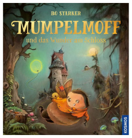 Ein fröhliches Wesen mit Vogel läuft bei Dämmerung zu einem märchenhaften Schloss im Zauberwald.
