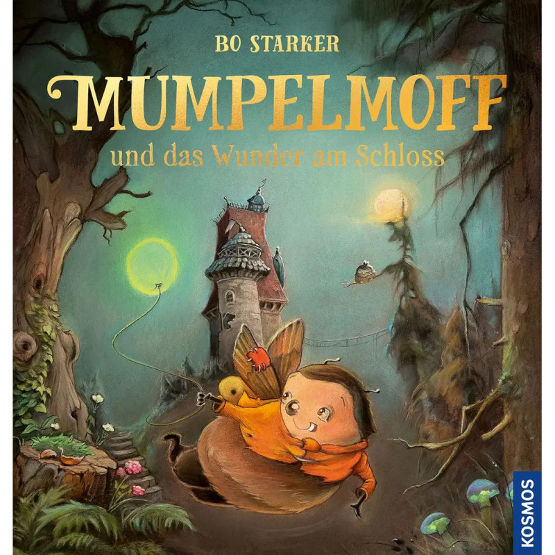 Ein fröhliches Wesen mit Vogel läuft bei Dämmerung zu einem märchenhaften Schloss im Zauberwald.