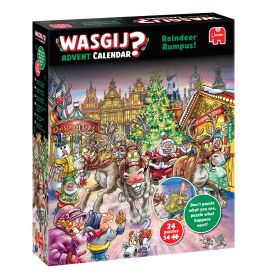 Bunte Wasgij-Adventskalender-Box mit Cartoon-Rentieren, Elfen und festlichem Weihnachtsdorfmotiv.