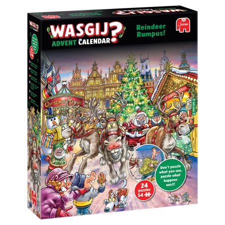 Bunte Wasgij-Adventskalender-Box mit Cartoon-Rentieren, Elfen und festlichem Weihnachtsdorfmotiv.