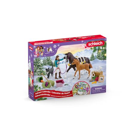 Schleich Horse Club Adventskalender mit Pferdespielzeug, Mädchenfigur, Hund und Winterlandschaft.