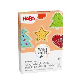 HABA Bastelset für Herz-, Stern- und Tannenbaumstickereien, geeignet für Kinder ab 5 Jahren.