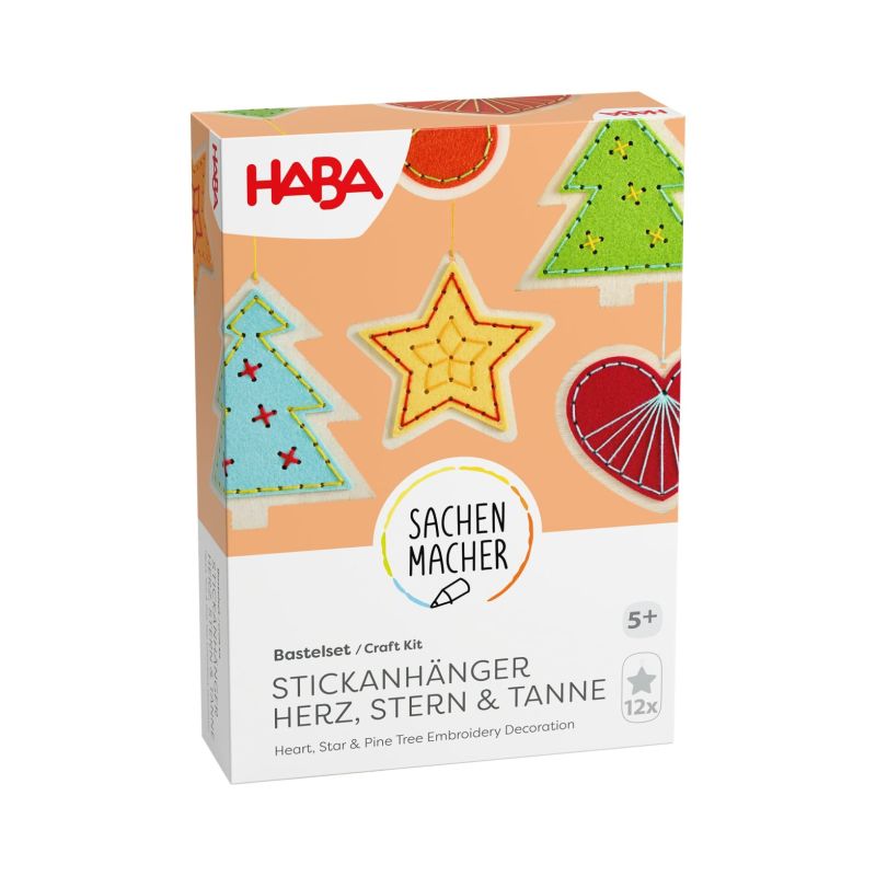 HABA Bastelset für Herz-, Stern- und Tannenbaumstickereien, geeignet für Kinder ab 5 Jahren.