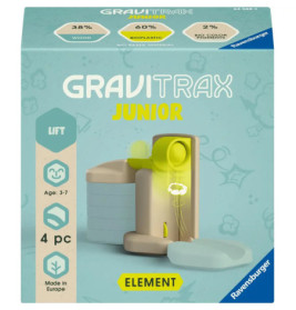 GraviTrax Junior Lift Set für 3-7 Jahre, mit Aufzug und Hinweis auf umweltfreundliche Materialien.