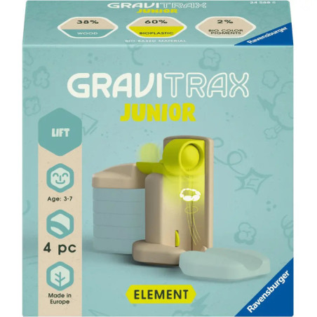 GraviTrax Junior Lift Set für 3-7 Jahre, mit Aufzug und Hinweis auf umweltfreundliche Materialien.
