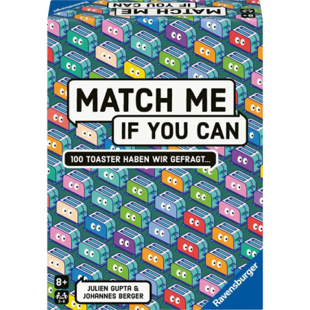 Bunte Spielbox mit Cartoon-Toastern, Titel: Match Me If You Can von Ravensburger.