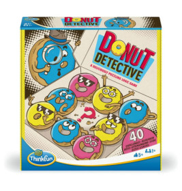 Bunte Donut Detective Spielschachtel mit Comic-Donuts, Spieletitel und Altersempfehlung ab 5 Jahren.