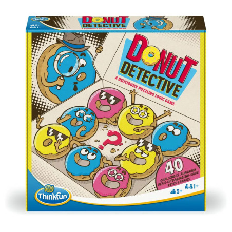 Bunte Donut Detective Spielschachtel mit Comic-Donuts, Spieletitel und Altersempfehlung ab 5 Jahren.
