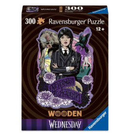 300-teiliges Ravensburger Puzzle mit Wednesday Addams und mystischen Kreaturen auf der Box.