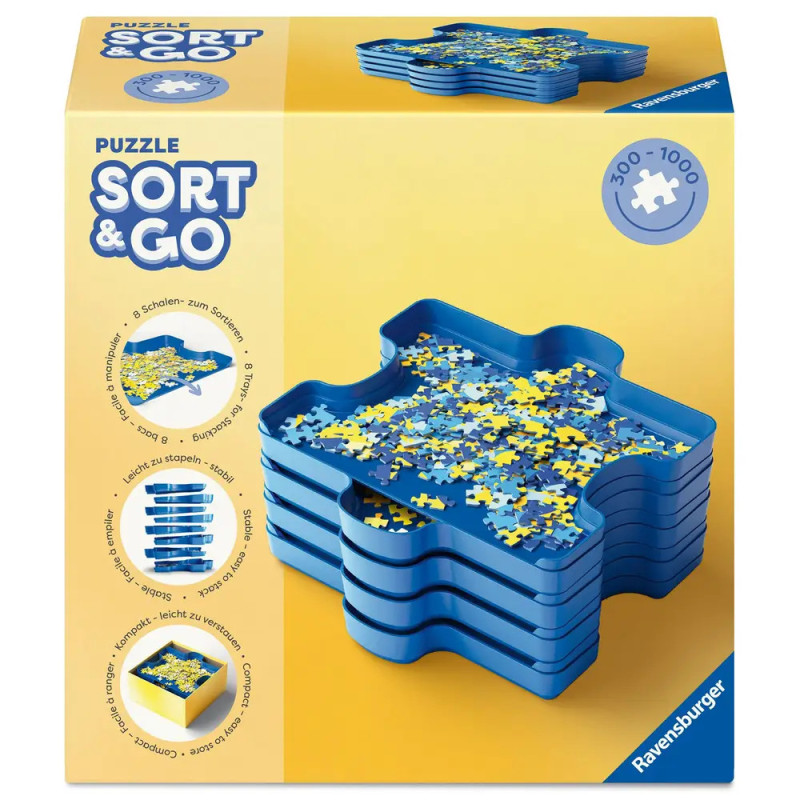 Ravensburger Puzzle Sort & Go: Blaue Sortierschalen mit Puzzleteilen, präsentiert auf gelbem Hintergrund.