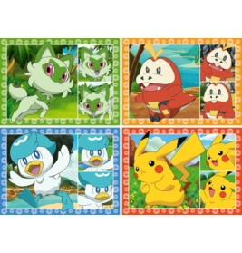 Vier bunte Panels zeigen die Pokémon Sprigatito, Fuecoco, Quaxly und Pikachu jeweils in verspielten Posen.