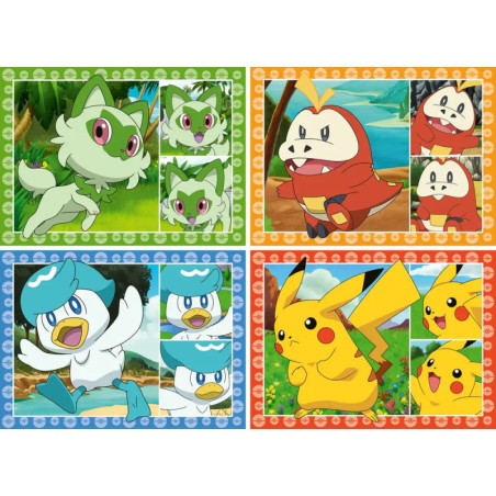Vier bunte Panels zeigen die Pokémon Sprigatito, Fuecoco, Quaxly und Pikachu jeweils in verspielten Posen.