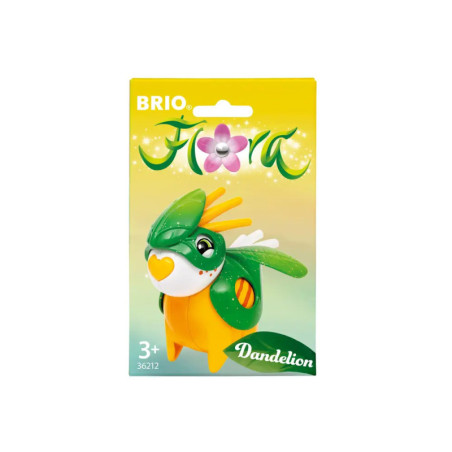 Spielzeugvogel Löwenzahn in gelber-grüner BRIO Flora-Verpackung, ab 3 Jahren geeignet.