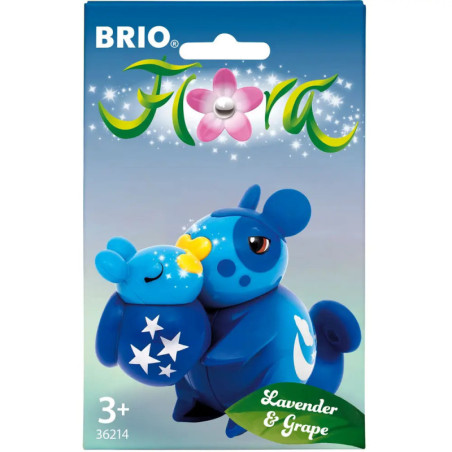 BRIO Flora Verpackung mit zwei blauen Tierfiguren, Sternen und den Namen Lavender & Grape, ab 3 Jahren.