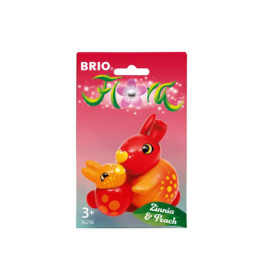 BRIO Flora Verpackung mit zwei orange-roten Hasenfiguren, Zinnia & Peach, ab 3 Jahren.