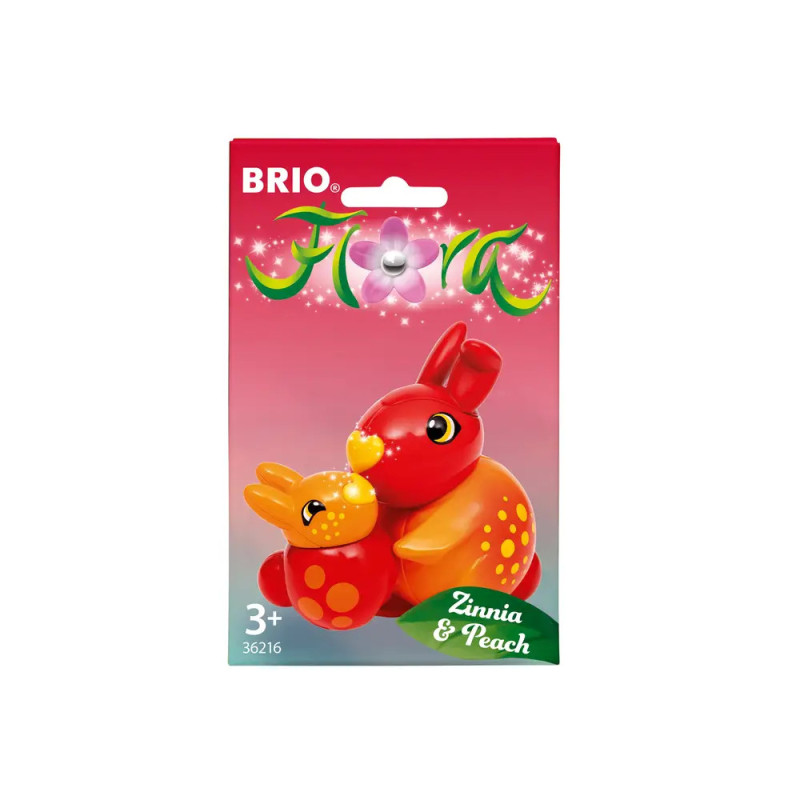 BRIO Flora Verpackung mit zwei orange-roten Hasenfiguren, Zinnia & Peach, ab 3 Jahren.