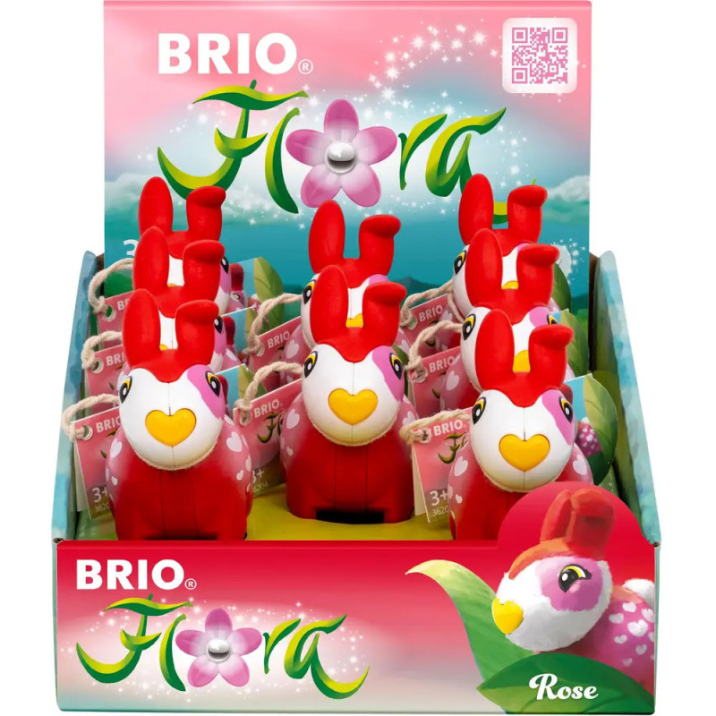 BRIO Flora Rose Spielzeugbox mit rosa und roten Hasenfiguren mit herzförmigen Nasen.